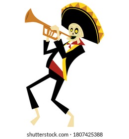 Mexican Day of the Dead skeleton playing trumpets.
