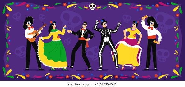 Día mexicano de los muertos. Tradición de celebración de fiestas en esqueletos en marco floral. Mexicanos con trajes tradicionales espeluznantes bailando, tocando música y celebrando el día de la festividad muerta