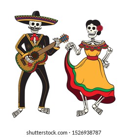 Mexican Day of the Dead skeletons playing guitar and dancing