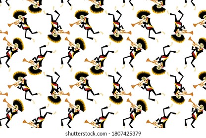 Mexican Day of the Dead skeletons playing trumpets. Seamless pattern tile background.