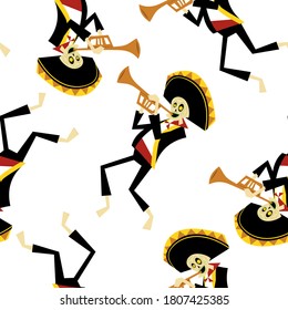 Mexican Day of the Dead skeletons playing trumpets. Seamless pattern tile.