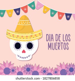 Mexican day of the dead skull with hat and flowers design, Mexico culture theme Vector illustration