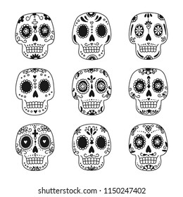 Mexican Day of the Dead skulls. Monochrome vector set isolated on white background.