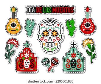 Juego de stickers del Día de los Muertos en México. Instrumentos musicales EPS 10 vectoriales de caña de azúcar, tagetes florales, cactus, tumbas, maracas y guirarrón ilustraciones con letras en español.