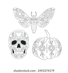 Mexican Day of the Dead Sugar scull Night butterfly Pumpkin vector clip-art set isolated on white. Colouring page illustration