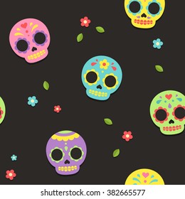 Mexican Day of the Dead sugar skull seamless pattern. Cute and bright flat vector illustration.