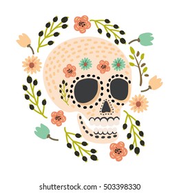 Mexican Day of the Dead sugar skulls with flower decoration. Vector cartoon cute and modern flat vector illustration.