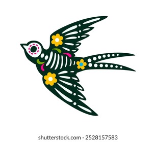 Mexican day of the dead swallow animal tattoo. Isolated vector vibrant sugar skull of flying bird with bones, intricate patterns, bold colors and floral motifs symbolizing cycle of life and death