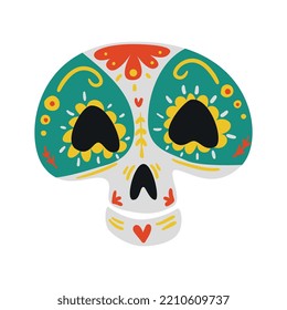 mexikanischer Tag des Toten Symbols flache Symbol mit bunter gemusterten Schädelgrafiken, Vektorgrafik