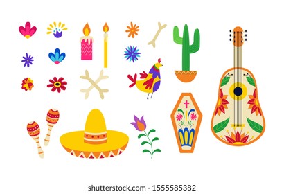 Mexican day of the dead symbol set - colorful sombrero hat, music instrument and traditional Mexico ornaments isolated on white background, flat vector illustration.