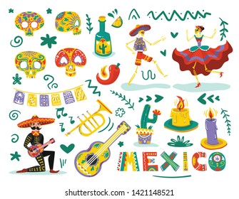 Mexican day dead symbols attributes colorful set with dancing skeletons sugar skulls masks white background vector illustration vector illustration 