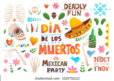 Mexican Day of the dead symbols clip art big collection with hand lettering design. Sugar skulls, skeleton hands, cactus flowers, sign dia de los muertos, colorful Mexican party of the dead clip art.