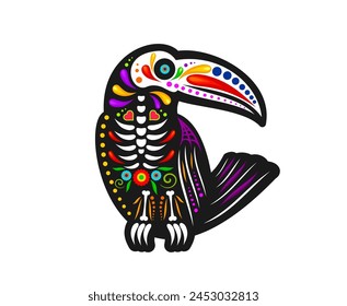 Mexican Day of Dead, toucan bird with sugar skull for tattoo, vector symbol. Dia de Los Muertos holiday or Mexico fiesta tattoo decoration of toucan skeleton skull with Mexican floral ornament