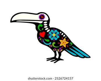 Mexican day of the dead toucan bird animal tattoo adorned with floral and heart patterns. Isolated vector Dia de los Muertos jungle avian, sugar skull with skeleton elements. Toucan skeleton figure