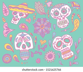 Mexican Day of the Dead traditional patterns and skulls. Dia de los Muertos. hand drawn style vector design illustrations.