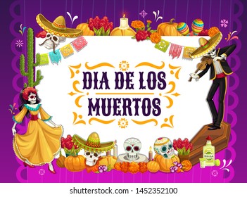 Mexican Day of the Dead vector design with skulls and Halloween pumpkins. Catrina and mariachi skeleton dancing with Dia de los Muertos festival sombrero, dress and maracas, altar with marigold flower