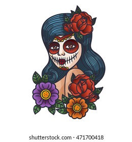 Mexican day of the dead. Vector girl makeup illustration. Makeup for Halloween. Tattoo, logo of the girl in Halloween style