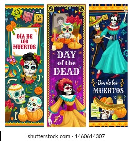 Mexican Day of Dead vector greeting banners of Dia de los Muertos design. Dancing skeletons, sugar skulls and Catrina calavera, mariachi sombrero, guitar and festival dress, altar and marigold flowers