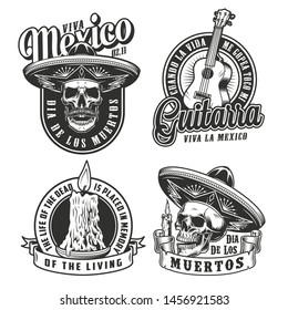 Mexican Day of Dead vintage prints with skulls in sombrero hats guitar burning candle in monochrome style isolated vector illustration