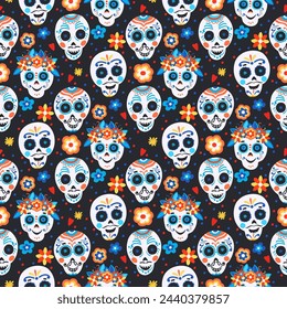 Mexican Day of the Dead.Seamless pattern of sugar skulls and flowers. Unusual skeleton heads. Various decorations. Hand drawn vector illustration. Dia de los Muertos. Halloween decoration.