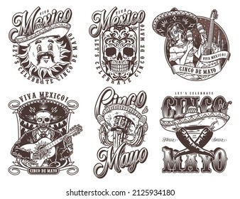 Mexican day monochrome vintage labels set with mustached sun in sombrero, sugar skull, woman with painted face shaking maracas, one-eyed skeleton with guitar, cactus in sombrero, vector illustration