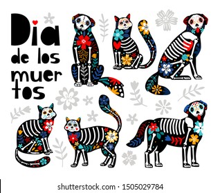 Mexican dead animals. Cats skulls, dogs sugar heads colorful holiday vector illustration for day of the dead, bones skeleton dia de los muertos pets party drawings