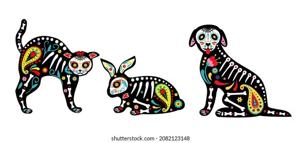 Mexican dead animals. Day of the dead, Dia de los muertos, animals skulls and skeleton decorated with colorful Mexican elements and flowers. Fiesta, Halloween, holiday poster, party flyer. Vector 