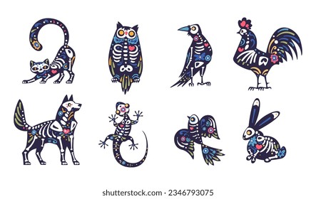 Mexican dead animals. Skeleton animal decoration for latin day muertos or halloween celebrating, mexico art skull of dog cat lizard raven owl scary pet, classy vector illustration