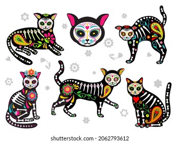 Mexican dead cats  Dead animals  Cats skulls   sugar heads colorful holiday vector illustration for day the dead  bones skeleton dia de los muertos pets party drawings