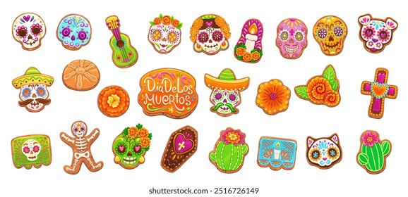 Mexican dead day biscuit cookie and cakes, dia de los muertos holiday pastry featuring colorful sugar skull, marigold, candle, guitar and coffin, cross, papel picado, cat and dog festive confectionery