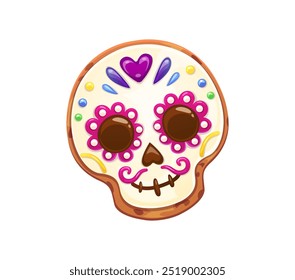 Galleta de galleta mexicana del Día Muerto o pastel de calavera para la fiesta del Día de Los Muertos, Vector de dibujos animados. Calavera mexicana de azúcar con adorno floral como galleta de galleta o postre de pastelería para el Día de Muertos