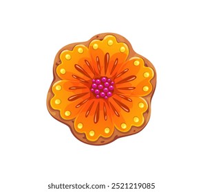 Mexican Dead Day biscuit cookie marigold flower for Dia de Los Muertos holiday, vector cartoon cake. Mexican religious holiday candy cookie of marigold flower from altar of Dia de Los Muertos