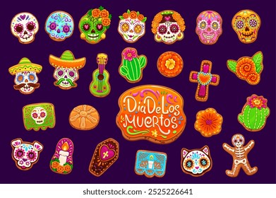 Mexican dead day biscuit cookie and cakes, dia de los muertos holiday pastry. Cartoon vector sugar skull, marigold, cross, guitar and cacti, coffin, cat, skeleton and mariachi decorated sweet cookies