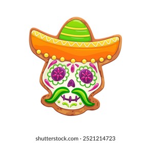 Mexican Dead Day calavera skull cookie in sombrero for Dia de Los Muertos holiday, vector cartoon biscuit. Mexican funny calavera skull cookie with caramel mustaches and candy sombrero for Day of Dead