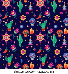 Mexican dead day decoration, cartoon pattern. Vintage halloween, mexico texture, celebration symbols, cactus and skull, bright flowers. Vector seamless tidy botanical festive background