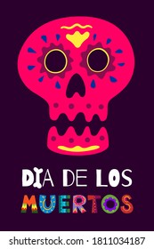 Mexican Dead Day Dia de Los Muertos poster. Mexico national ritual festival greeting card with hand drawn decoration lettering and sugar skull skeleton on dark background. Vector eps illustration