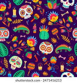 Mexican Dead Day, Dia De Los Muertos holiday seamless pattern. Textile Mexican culture print, Day of the Dead holiday celebration pattern with sugar skull, cactus, chameleon, candle and flowers