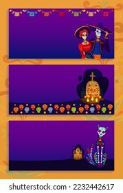 Mexican dead day holiday banner set, vector illustration, halloween in mexico, people man woman character with traditional mask, death celebration