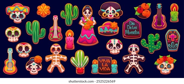 Biscoito e bolos de biscoito de feriado de dia morto mexicano, dia de los muertos doces. Vetor de desenhos animados de crânio de açúcar tradicional, cactos, guitarra ou caixão. Gingerbread esqueleto, vela, Catrina, sombrero