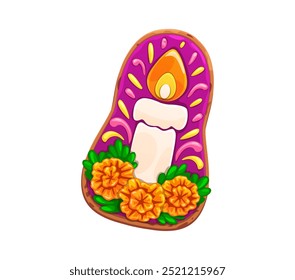 Mexican Dead Day holiday candle cookie or biscuit cake for Dia de Los Muertos, cartoon vector. Mexican holiday pastry or sweet dessert of candle with marigold flowers from altar for Dia de Los Muertos