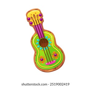 Mexican Dead Day holiday guitar cookie or biscuit cake for Dia de Los Muertos, cartoon vector. Mexican holiday pastry or sweet dessert of guitar with caramel marigold flowers for Dia de Los Muertos