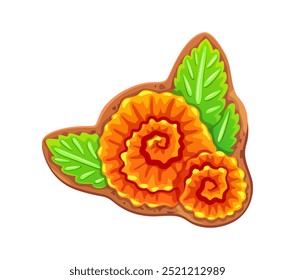 Mexican Dead Day marigold flowers biscuit cookie for Dia de Los Muertos holiday, vector cake. Mexican religious holiday cookie of marigolds with candy flowers for Dia de Los Muertos or Day of the Dead