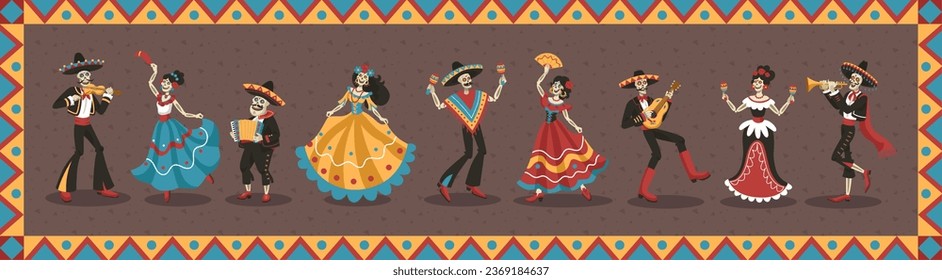 Mexican dead day. Mexico Halloween holiday. Muertos festival. Frida Kahlo dancing with Mariachi. Death Catrina poster. Skeleton musicians and dancers. Vector vintage tidy background