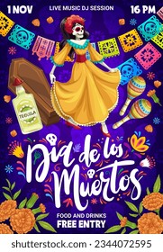 Mexican dead day party poster of flyer. Dia de los muertos holiday. Vector invitation card for party with Catrina, coffin, tequila, maracas, marigolds flowers, paper garland. Event celebration invite