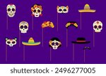 Mexican dead day photo booth masks with props. Dia de los muertos holiday set of skulls, sombrero, floral wreath, mustaches and cats. Vector spooky smiles and skeletal grins for afterlife celebration