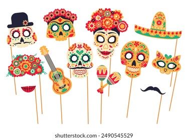 Mexican dead day photo booth masks and props for Dia De Los Muertos holiday, vector cartoon faces. Catrina calavera, skull in sombrero, guitar and maracas or Mexican mustaches for photo booth masks