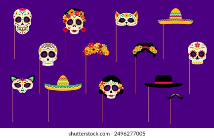 Mexican dead day photo booth masks with props. Dia de los muertos holiday set of skulls, sombrero, floral wreath, mustaches and cats. Vector spooky smiles and skeletal grins for afterlife celebration