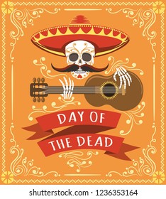 Mexican dead day poster. Latino mexico halloween day party card with skull, mexican hat and spanish guitar vector illustration