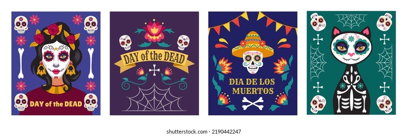 Mexican dead day posters. Catrina calavera, cat and people skull, mexico flower invitation, death woman skeleton, man in sombrero, traditional decor. Latin dia muertos card vector illustration