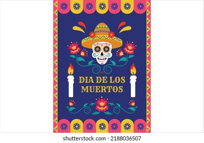 Mexican dead day, skull in sombrero. Mexico sugar flower death pattern, halloween party culture, cinco de mayo. Traditional party decor. Dia muertos poster or card. Vector illustration banner